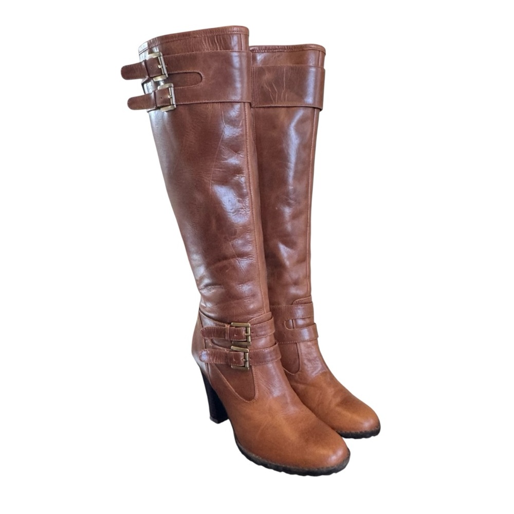Loft Brown Leather Knee-High tall Boots zip up buckle accents size 8